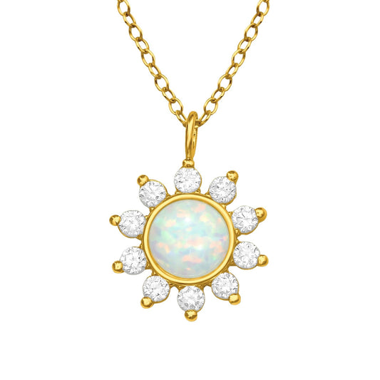 Gold-plated sterling silver flower necklace with a 6 mm round opal centre, ten clear cubic zirconia stones and a 45 cm chain in Australia.