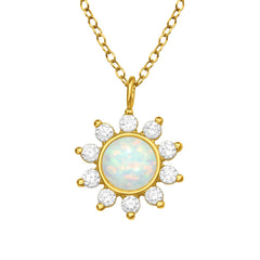 Gold-plated sterling silver flower necklace with a 6 mm round opal centre, ten clear cubic zirconia stones and a 45 cm chain in Australia.
