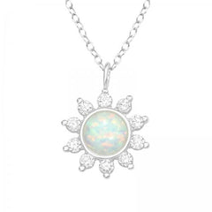 Silver Opal Flower Pendant Necklace