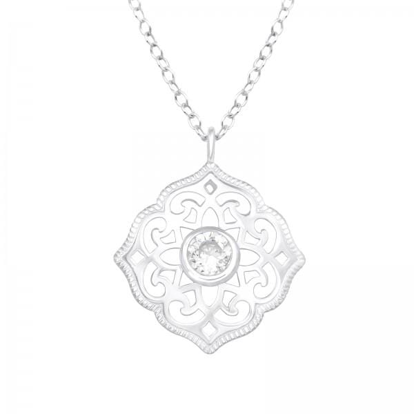 Silver Antique CZ Crystal Pendant Necklace