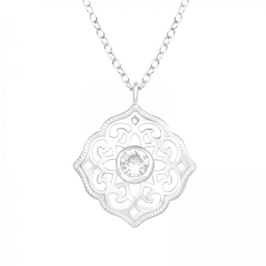 Silver Antique CZ Crystal Pendant Necklace