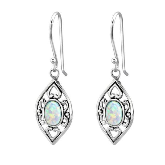 Silver Fire Snow Opal Marquise Earrings