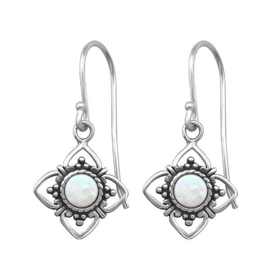 Sterling Silver Fire Snow Opal Flower Earrings