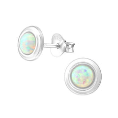 Sterling Silver Fire Snow Opal Round Ear Studs