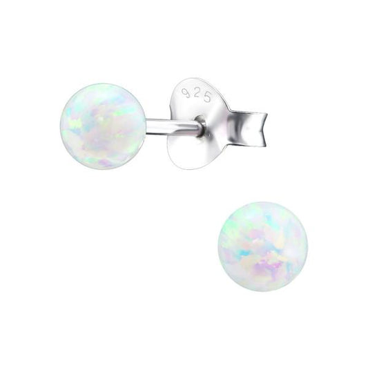 Sterling Silver Fire Snow  Opal Ball Ear Studs