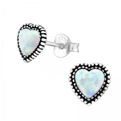 Silver Heart Opal Stud Earrings