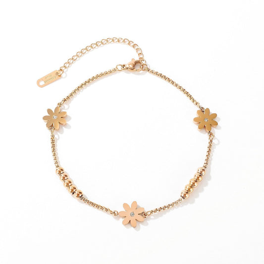 Steel Rose Gold Woman Daisy Flowers Anklet
