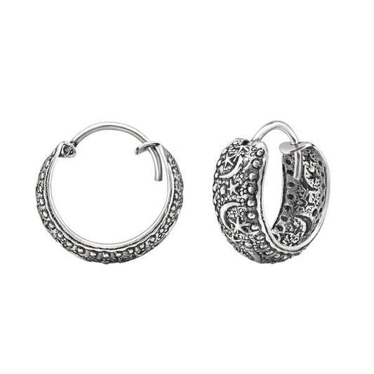 Silver Moon and Star  Bali Hoop Earrings