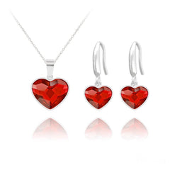 Sterling silver necklace and drop earrings set with genuine Light Siam Swarovski crystal hearts