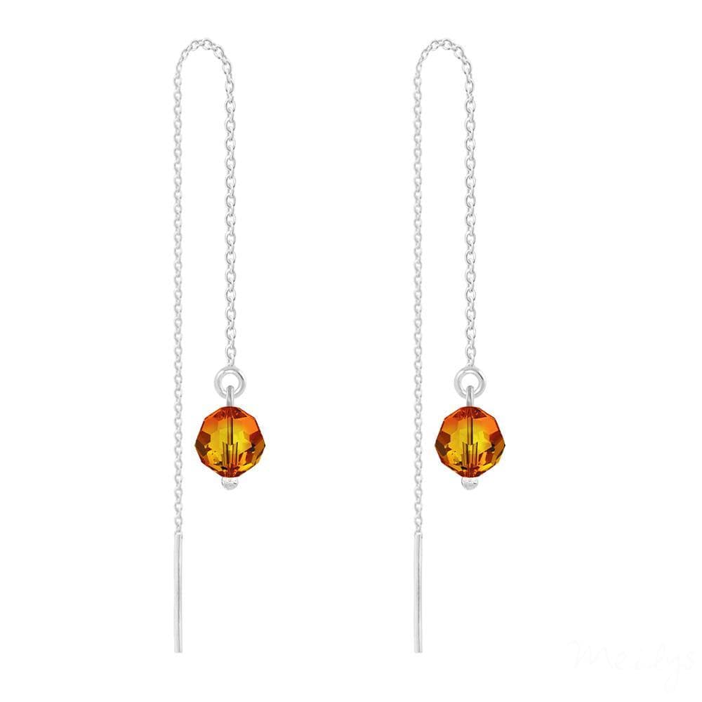 Sterling silver threader earrings with 12 cm chain drops and faceted orange Fire Opal crystal beads
