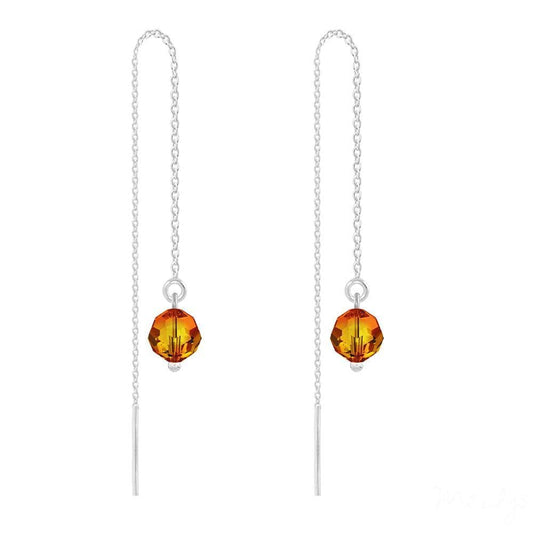 Sterling silver threader earrings with 12 cm chain drops and faceted orange Fire Opal crystal beads
