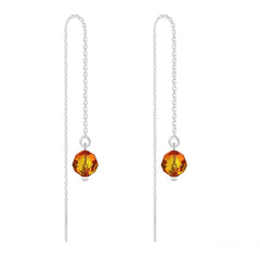 Sterling silver threader earrings with 12 cm chain drops and faceted orange Fire Opal crystal beads