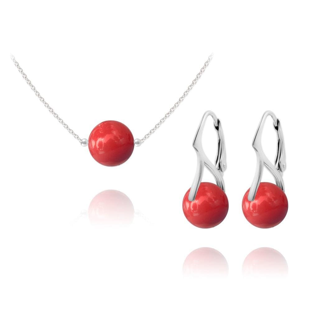 Sterling silver jewellery set with red coral Swarovski crystal pearl necklace and matching leverback earrings