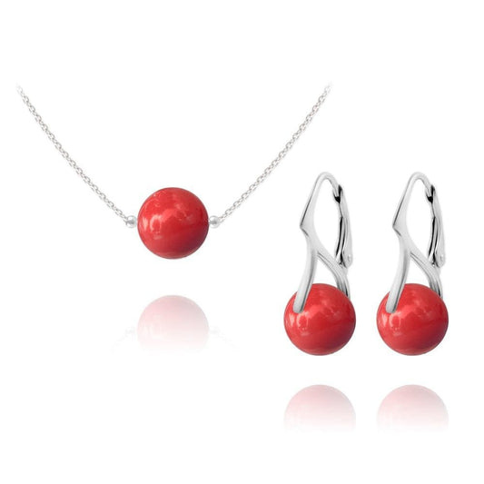 Sterling silver jewellery set with red coral Swarovski crystal pearl necklace and matching leverback earrings