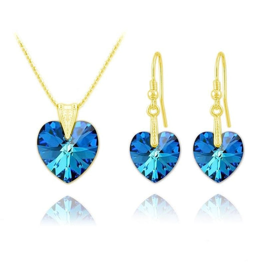 24K gold plated sterling silver heart jewellery set with Genuine Swarovski Bermuda Blue crystal necklace and matching earrings