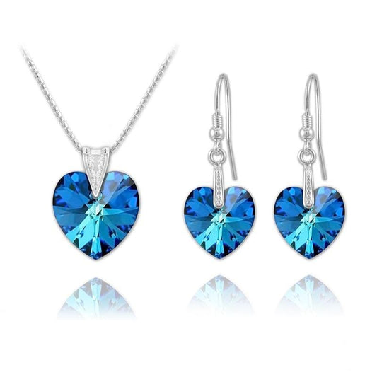 Sterling silver heart jewellery set with Genuine Swarovski Bermuda Blue crystal pendant necklace and matching drop earrings