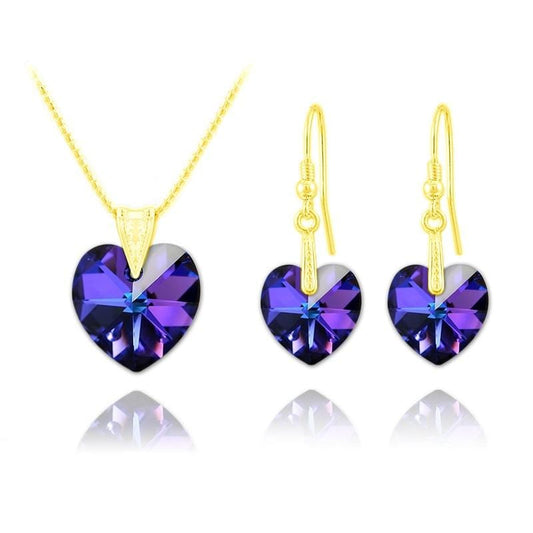 24K gold plated sterling silver heart jewellery set with Genuine Swarovski Heliotrope crystal necklace and matching earrings