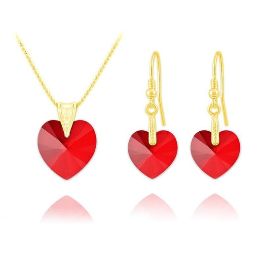 24K gold plated sterling silver heart jewellery set with Genuine Swarovski Light Siam crystal necklace and matching earrings