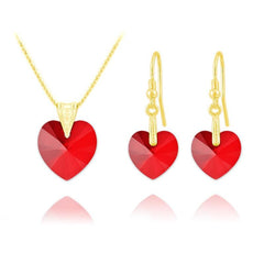 24K gold plated sterling silver heart jewellery set with Genuine Swarovski Light Siam crystal necklace and matching earrings