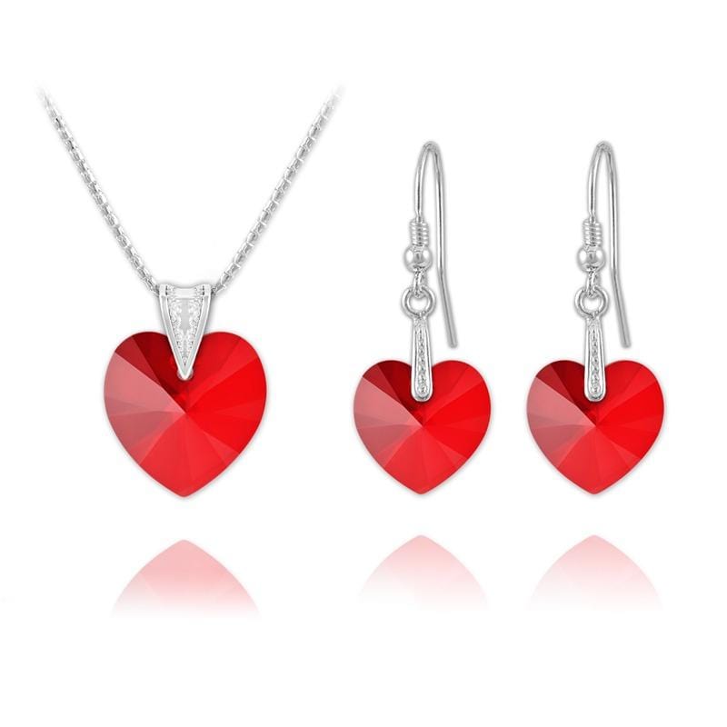 Sterling silver heart jewellery set with Genuine Swarovski Light Siam crystal necklace and matching drop earrings