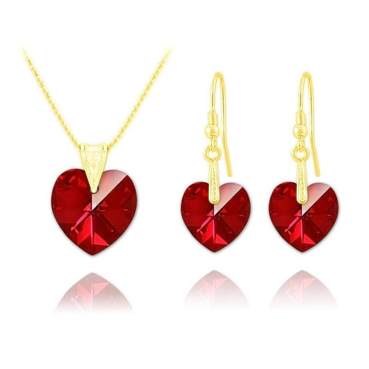 24K gold plated sterling silver heart jewellery set with Genuine Swarovski Siam AB crystal necklace and matching earrings