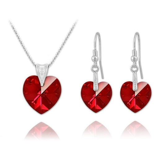 Sterling silver heart jewellery set with Genuine Swarovski Siam AB crystal necklace and matching drop earrings