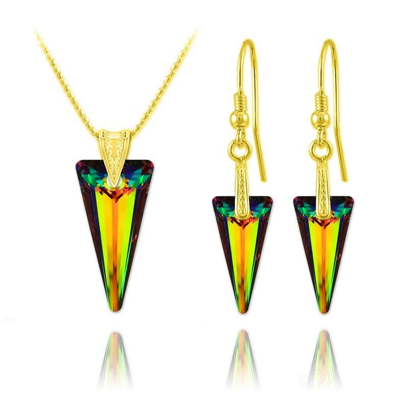 24K gold plated sterling silver necklace and matching earrings with Vitrail Medium Swarovski crystal spike pendants