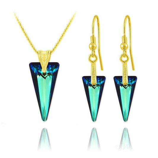 24K gold plated sterling silver necklace and matching earrings featuring Bermuda Blue Swarovski crystal spike pendants