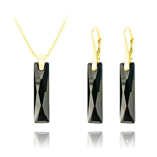 24K gold plated sterling silver jewellery set featuring Jet Black Swarovski crystal pendant necklace and matching drop earrings
