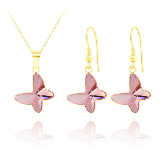 24K gold plated sterling silver butterfly jewellery set with Light Rose Genuine Swarovski crystal pendant necklace and matching earrings