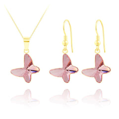 24K gold plated sterling silver butterfly jewellery set with Light Rose Genuine Swarovski crystal pendant necklace and matching earrings