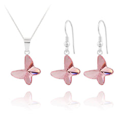 Sterling silver butterfly jewellery set with Light Rose Genuine Swarovski crystal pendant necklace and matching earrings