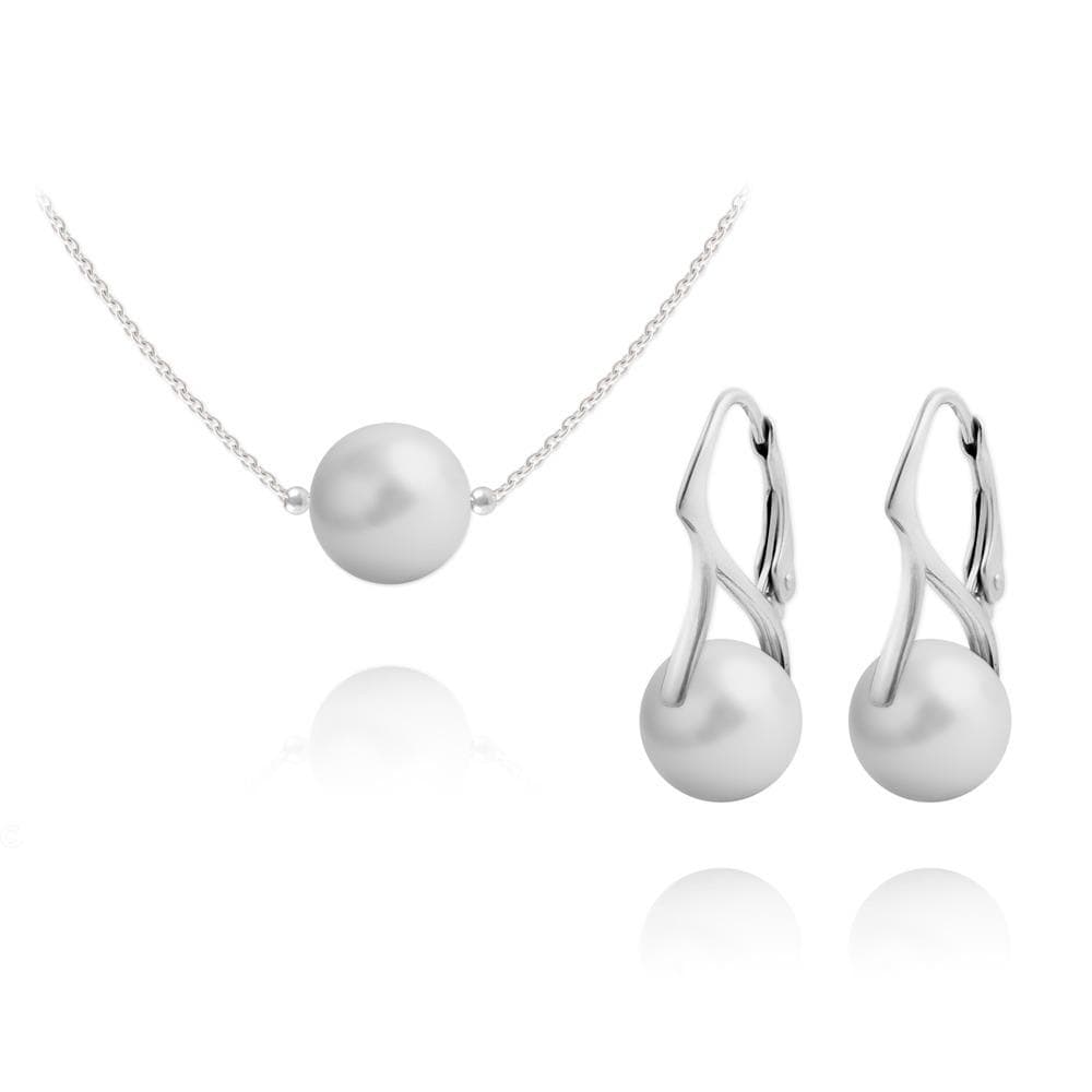 Sterling silver Pastel Grey pearl jewellery set with matching necklace and drop earrings featuring Genuine Swarovski Crystal pearls