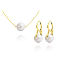 24K gold plated sterling silver white pearl jewellery set with matching necklace and earrings featuring Genuine Swarovski Crystal pearls