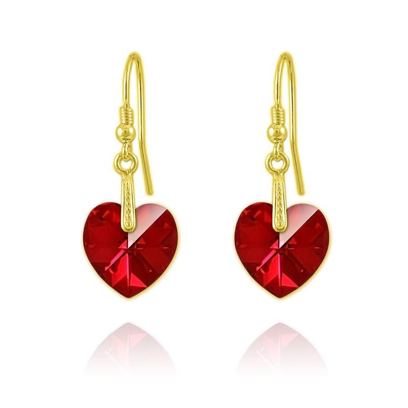 24K gold plated sterling silver heart drop earrings with Siam AB Swarovski crystals