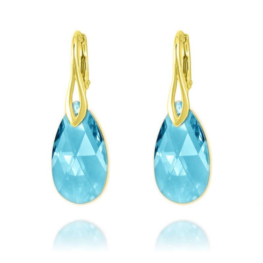 24K gold plated sterling silver pear drop earrings with Aquamarine Swarovski crystals