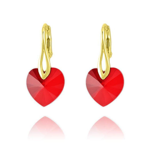 24K gold plated sterling silver heart earrings with Light Siam Swarovski crystal