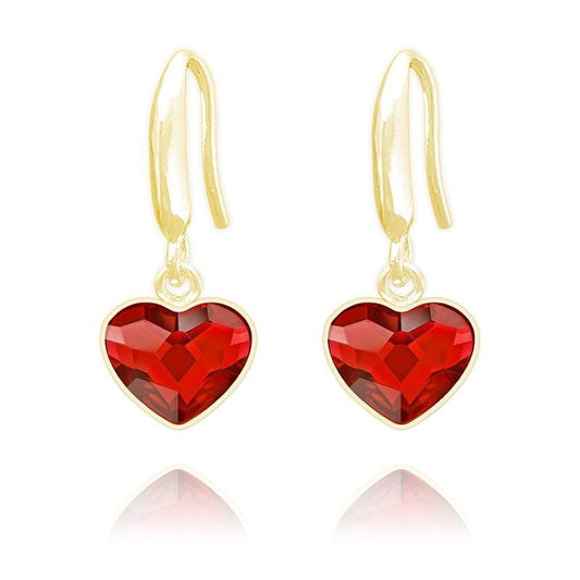 24K gold plated sterling silver heart earrings with genuine Swarovski Light Siam crystal