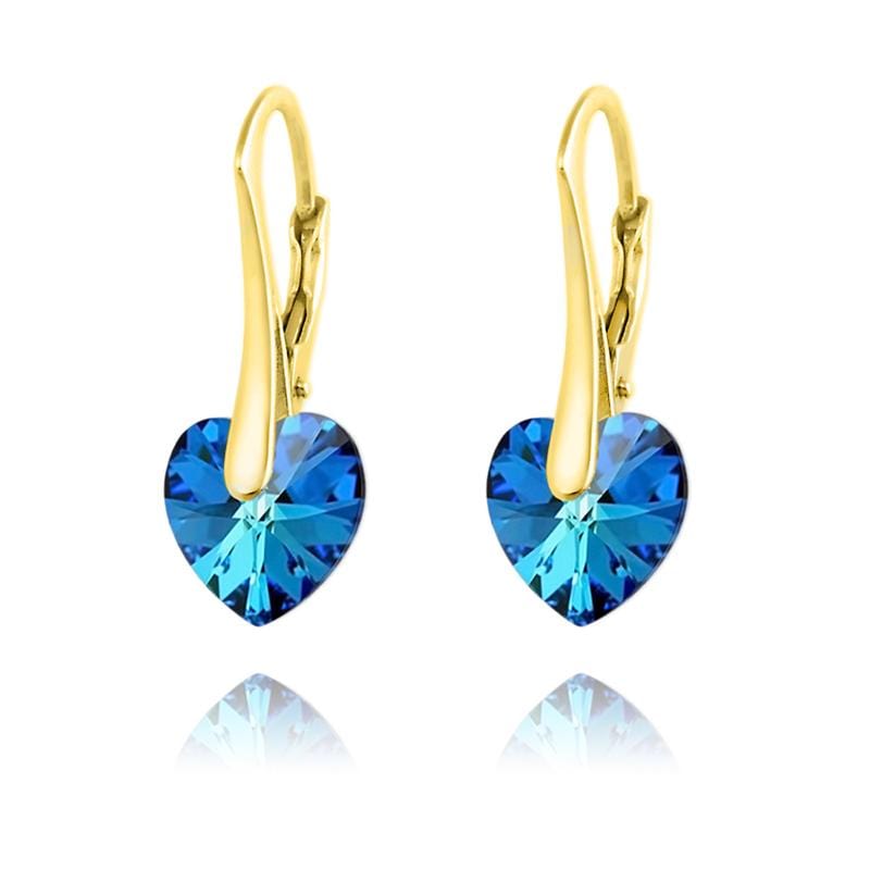 24K gold plated sterling silver Bermuda Blue Swarovski crystal heart earrings