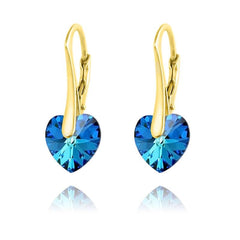 24K gold plated sterling silver Bermuda Blue Swarovski crystal heart earrings