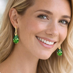 green teardrop earrings with gold hooks