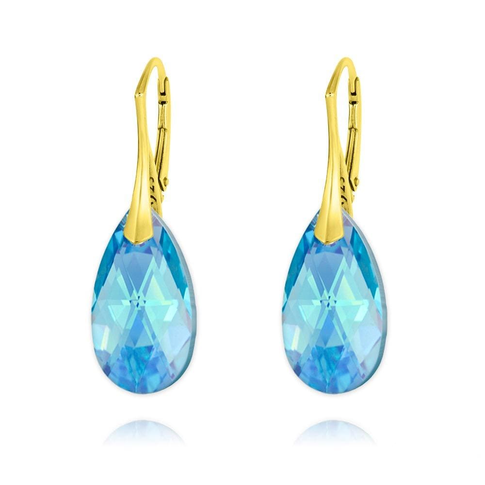 24K gold plated sterling silver pear earrings with Genuine Swarovski Aquamarine AB crystal
