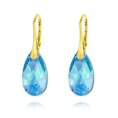 24K gold plated sterling silver pear earrings with Genuine Swarovski Aquamarine AB crystal