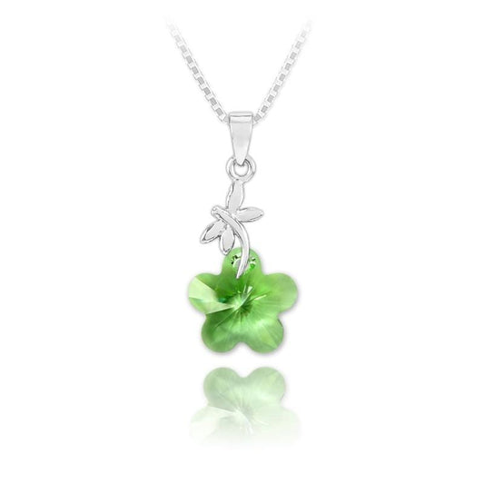 Sterling silver dragonfly necklace with Genuine Swarovski Peridot crystal flower pendant on a 42cm chain