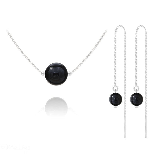 Sterling silver jewellery set with Genuine Swarovski Crystal in Onyx colour featuring a necklace and threader earrings