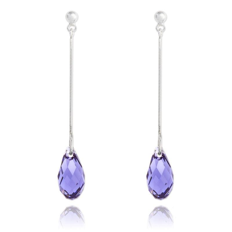 Sterling silver thread drop earrings with Genuine Swarovski Tanzanite crystal teardrops and rhodium plated finish
