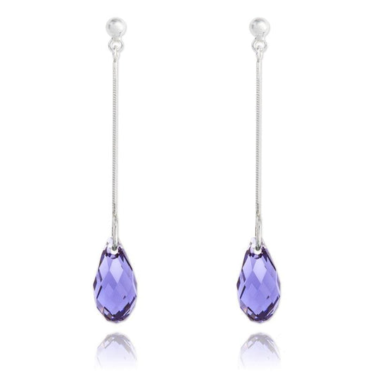 Sterling silver thread drop earrings with Genuine Swarovski Tanzanite crystal teardrops and rhodium plated finish