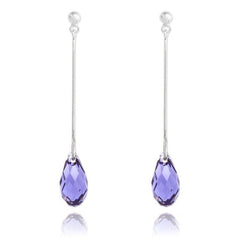 Sterling silver thread drop earrings with Genuine Swarovski Tanzanite crystal teardrops and rhodium plated finish