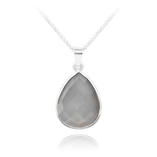 Sterling Silver Grey Agate teardrop necklace with rhodium plated finish and elegant bezel-set grey gemstone pendant