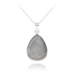 Sterling Silver Grey Agate teardrop necklace with rhodium plated finish and elegant bezel-set grey gemstone pendant